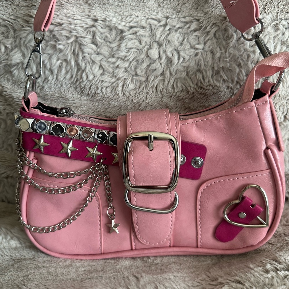 Pink Studded Chain Shoulder Bag with Heart Accent